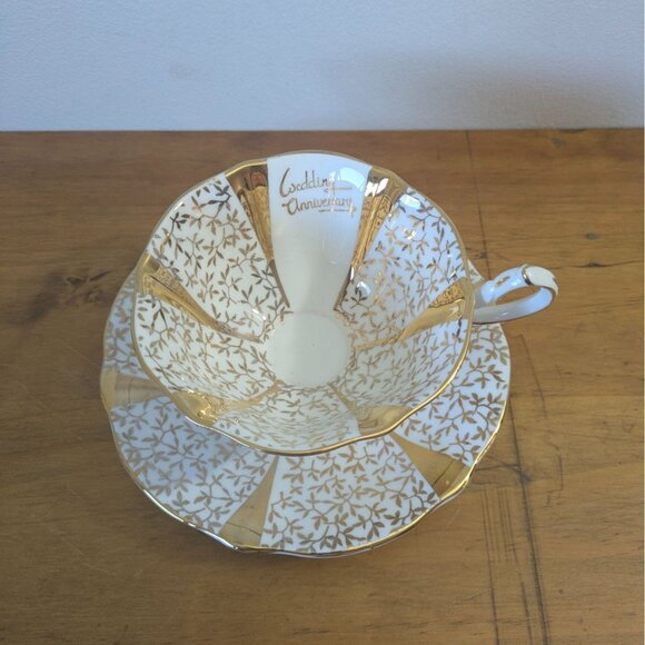 Queen Anne Tea Cup Saucer Wedding Anniversary Design Gold Trim England Vintage - Picture 3 of 16